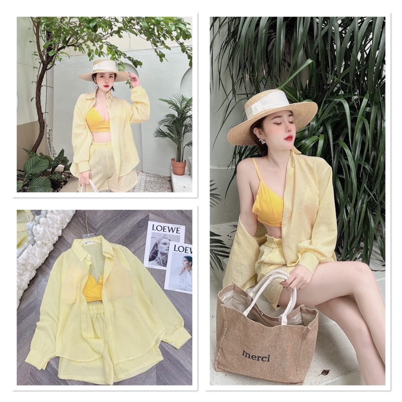 Set bộ sơ mi kẻ xốp kèm áo bra/ set 3 món ALOHASHOP91