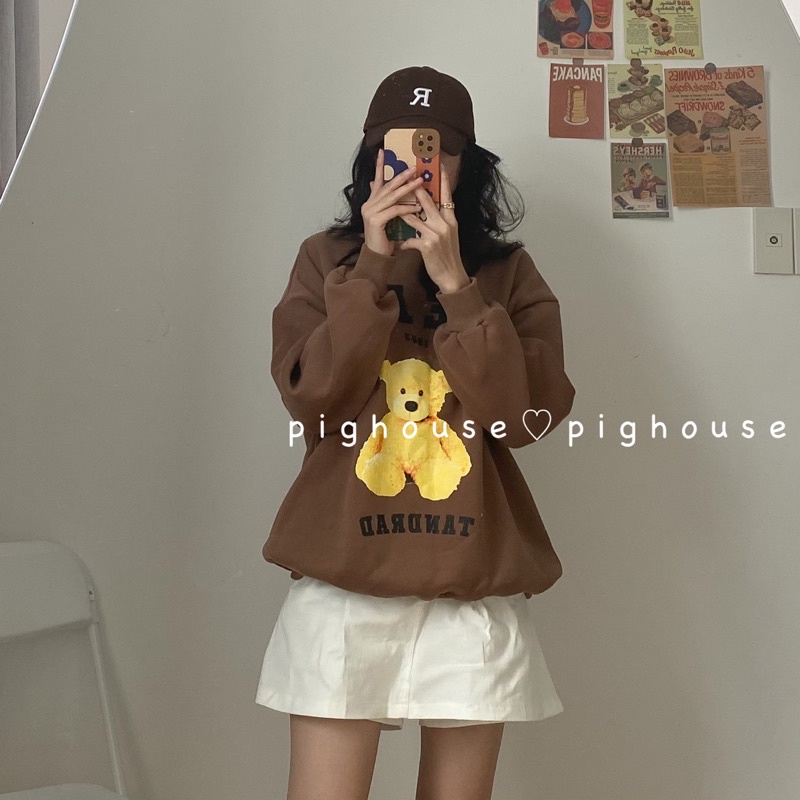Áo Sweater nỉ bông hình gấu cổ tròn form rộng chất dày ( Ảnh thật )