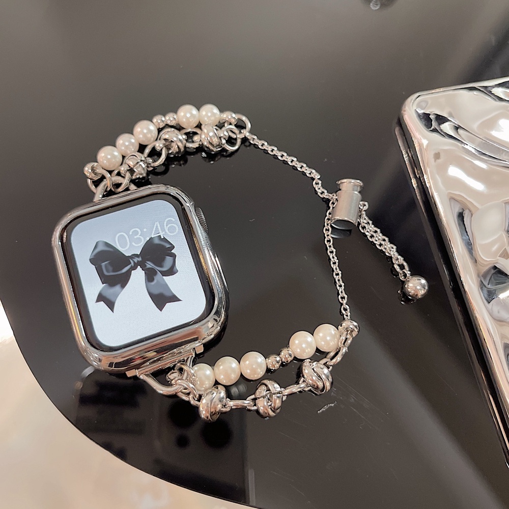 Dây Đeo Dạng Xích Kim Loại Đính Ngọc Trai Cho iwatch serise 8 ultra 7 6 5 4 SE 3 2 1 49mm 45mm 41mm 40mm 44mm 42mm 38mm