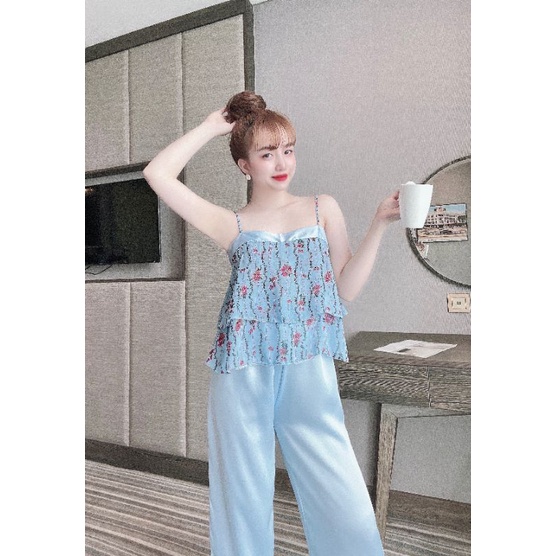 Bộ hai dây Áo voan, phối quần Satin, hoạ tiết siêu cưng