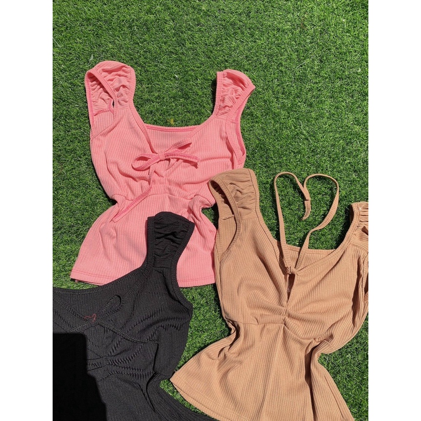Áo Kiểu Nữ Croptop Chất Gân Cột Nơ Ngực