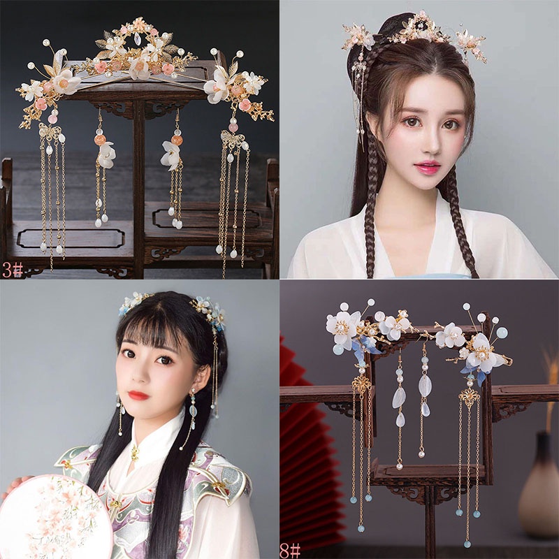 Bộ vương miện và phụ kiện cho cô dâu phối tua rua phong cách Trung Hoa sang trọng