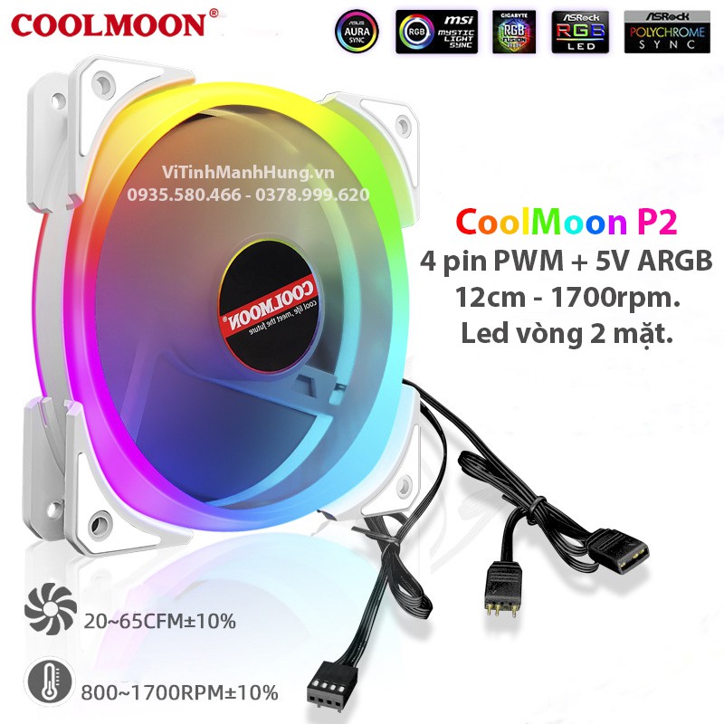 Quạt CoolMoon P2 – 4 pin PWM + 5V ARGB – 12cm – 1700rpm – Led vòng 2 mặt.