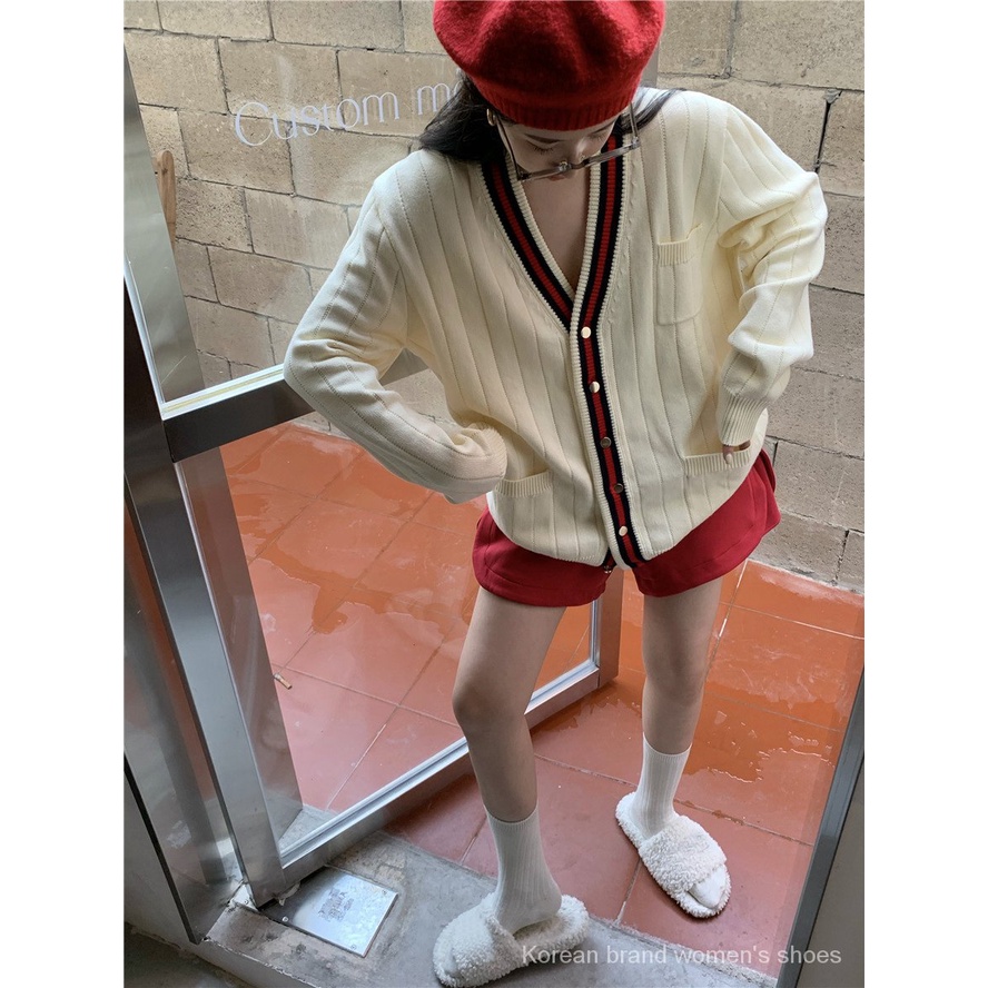 Áo khoác cardigan dệt kim tay dài dáng rộng màu sắc tương phản thời trang mùa thu cho nữ