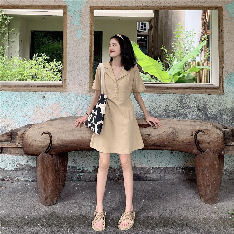 Xiaozhainv Đầm midi tay ngắn dáng rộng màu trơn phong cách Hàn Quốc | BigBuy360 - bigbuy360.vn