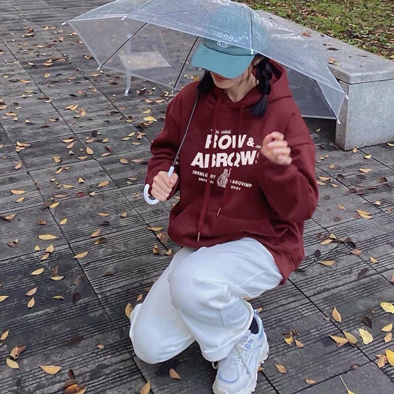 Áo Sweater Đỏ Row & Abrqws CELINA  Áo Hoodie nỉ ngoại có mũ 2 lớp form rộng tay bồng kiểu dáng nổi bật cá tính