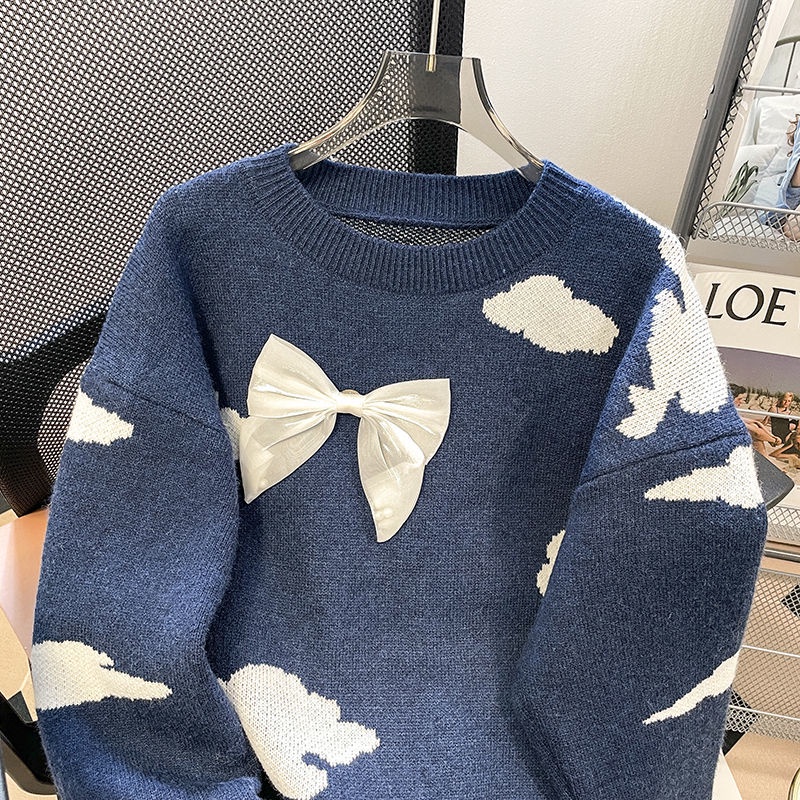 Áo Sweater Cổ Tròn Phối Nơ Xinh Xắn Theo Phong Cách Hàn Quốc