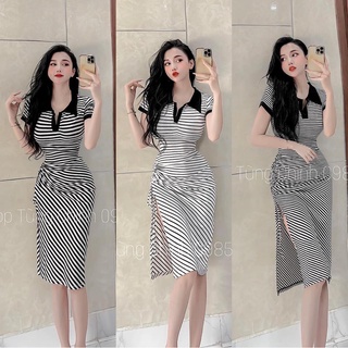 Đầm body sọc ngang cổ trụ rút dây
