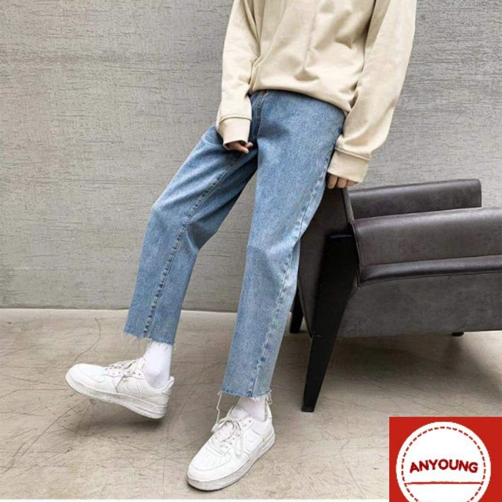 Quần Jean Nam Anyoung Quần baggy Nam Ống Suông Phong Cách Hàn Quốc - Kiểu Quần Bò Nam Nữ Cắt Gấu QD 306 Hottrend 2022