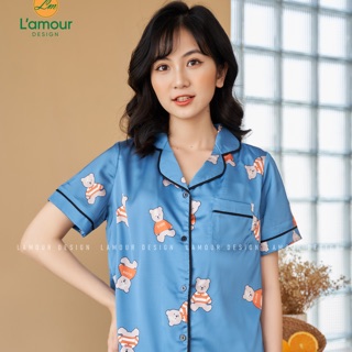 Bộ Lụa hoạ tiết gấu Teddy xanh - Áo ngắn Quần dài