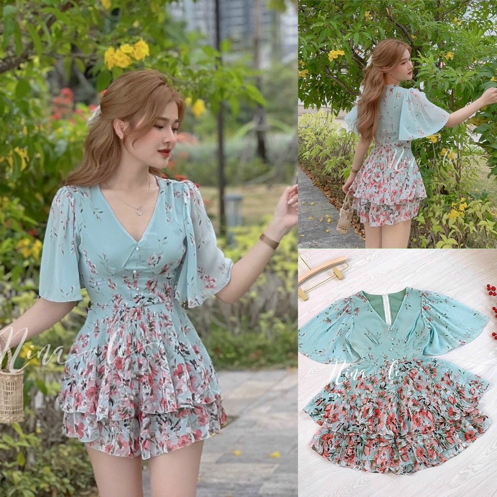 Đầm váy nữ voan hoa xếp tầng cao cấp tay xòe,đính nút ngực phù hợp đi chơi dạo phố,đi đám tiệc