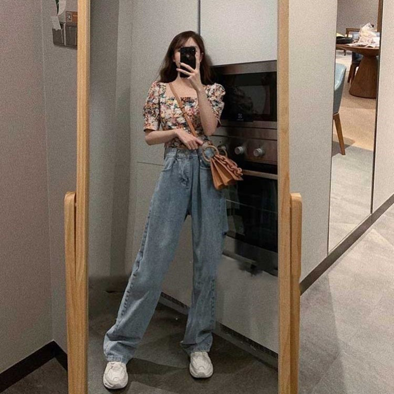 Áo kiểu tay ngắn cổ vuông hoạ tiết hoa phong cách retro thời thượng