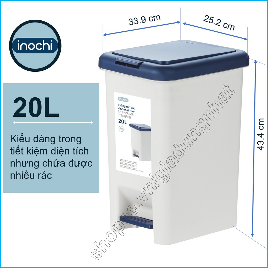 Thùng Rác Nhựa Đạp Chân Nắp Đậy Chữ Nhật Inochi 20 Lít Làm Sọt Rác Văn Phòng,Đựng Rác Gia Đình, Trong Nhà, Ngoài Trời