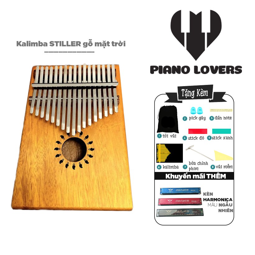 Đàn Kalimba 17 phím Gỗ Stiller Tặng Kèm Harmonica đủ màu sắc - Mẫu Mặt trời - HÀNG CÓ SẴN