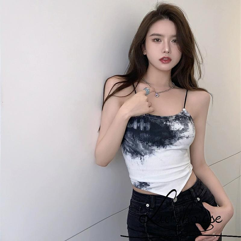 LDD-Women´s Sleeveless Tank Tops, Tie Dye Pointed Hem Backless Cross Bandage Vest, Casual Simple Street Style Tops