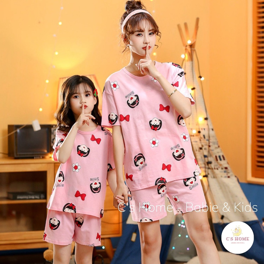 Bộ quần áo đôi cộc tay mặc nhà cho mẹ và bé gái vải cotton mềm, thoáng mát, nhiều mẫu họa tiết size 100 - 170