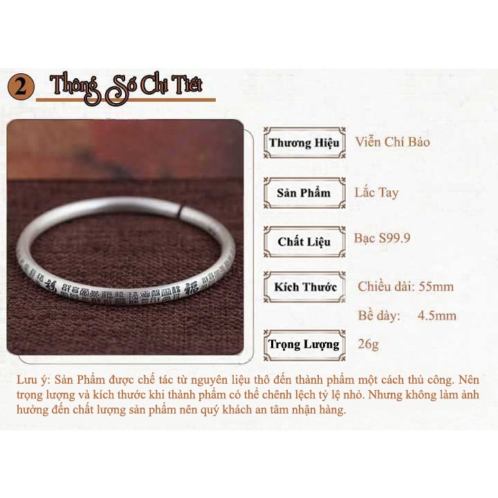 Vòng tay bạc Bách niên vạn phúc khắc kinh chất liệu bạc Thái 925 thời trang phụ kiện trang sức nữ Viễn Chí bảo L100122