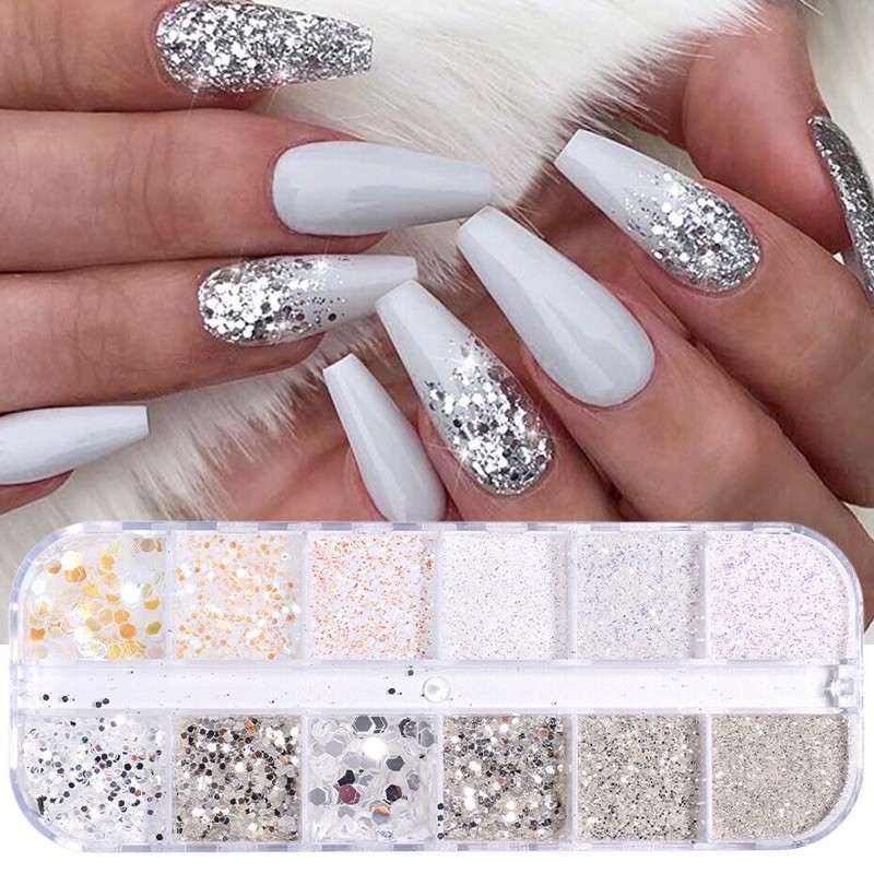 Nhũ kim tuyến-cát rắc móng trắng bạc-phụ kiện nail