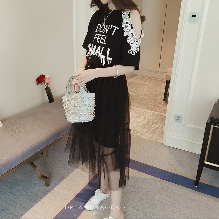 Set Áo Thun Tay Lỡ Hở Vai + Chân Váy Lưới Xẻ Tà Lưng Cao Dáng Dài Qua Gối Thời Trang Cho Nữ