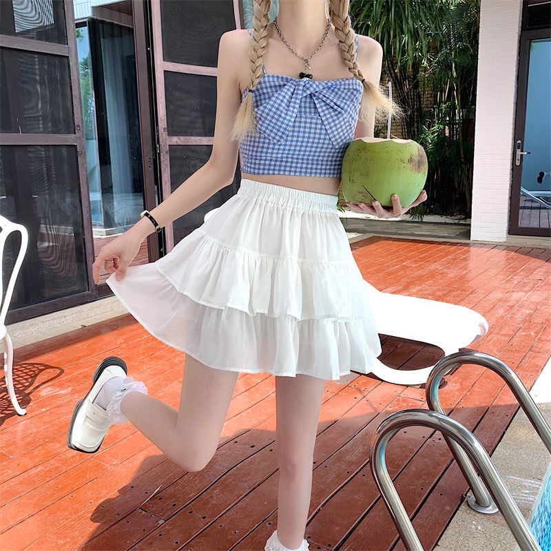 Jiashucheng Chân Váy Ngắn Dáng Chữ a Ngắn Xếp Ly Lưng Cao Màu Trắng Thời Trang Mùa Hè Hàng Mới 2023