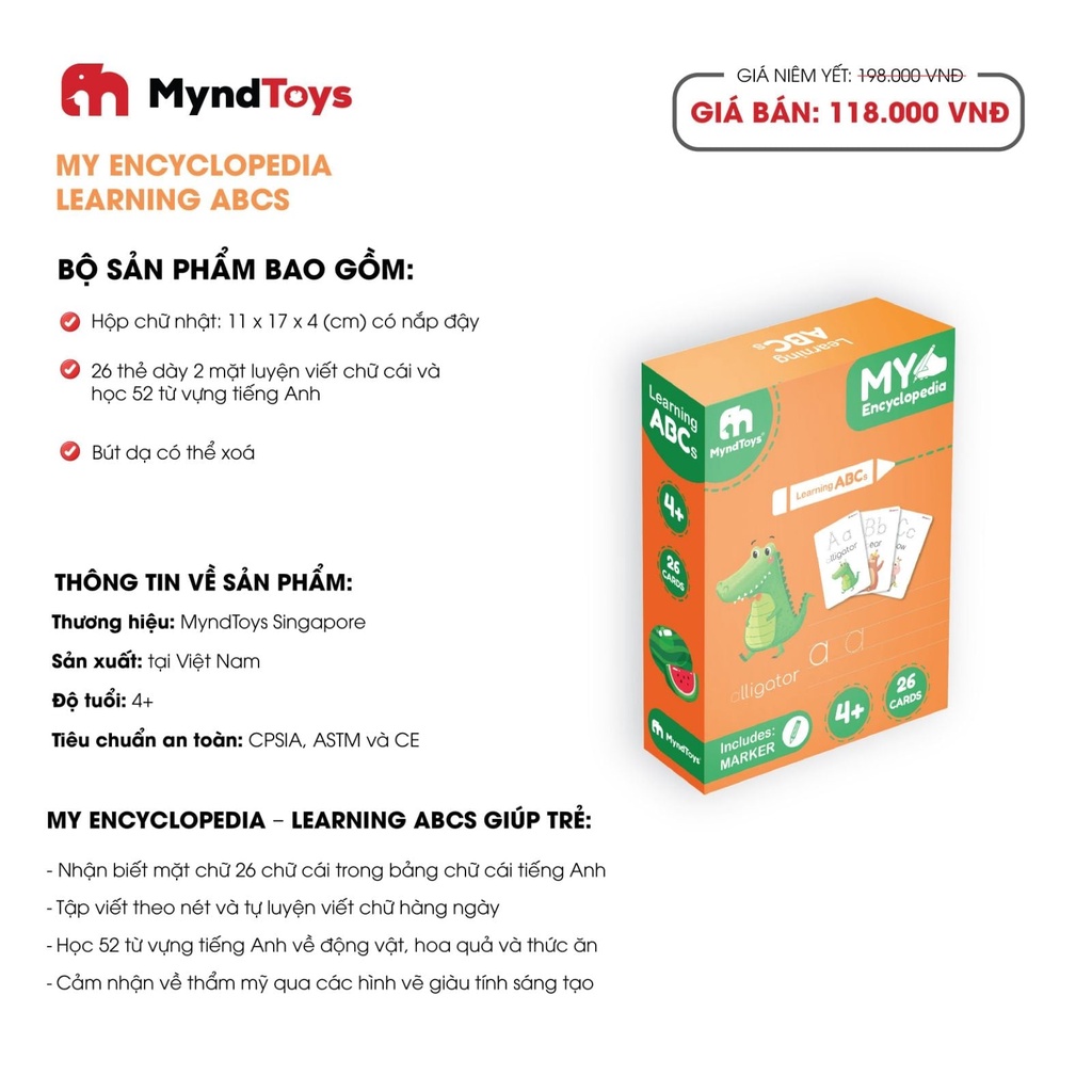 Bộ thẻ học chữ ABC kèm bút viết có thể xóa được Mynd.Toys MY ENCYCLOPEDIA - LEARNING ABCS