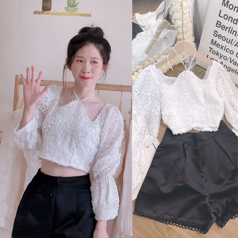 (Hàng mới về) Set áo trắng ren dây cột cổ yếm + quần short phi đen | Set áo kiểu đi tiệc, đi chơi, du lịch | Tiệm Chang