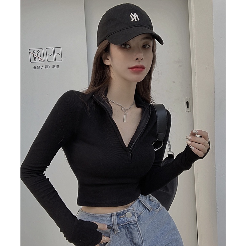 Áo Thun Tay Dài Dáng Ôm Phối Khóa Kéo Thời Trang Mùa Thu Cho Nữ