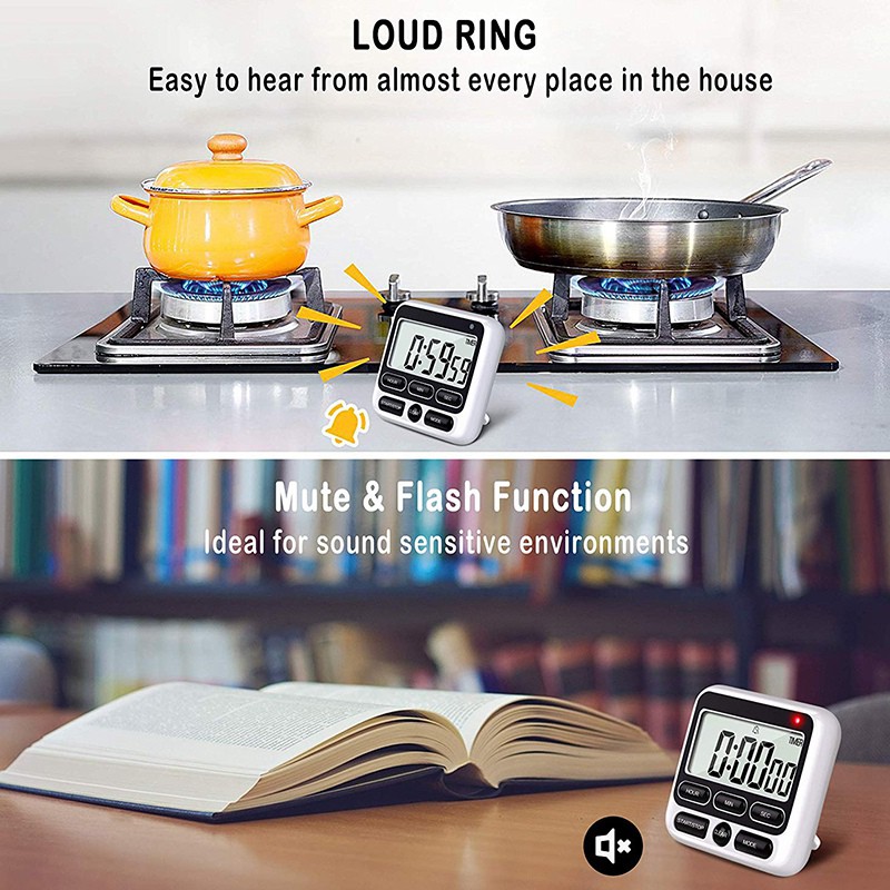 Đồng hồ hẹn giờ nhà bếp kỹ thuật số có báo động tĩnh / lớn và công tắc 12 tiếng có chức năng đếm màn hình LCD lớn