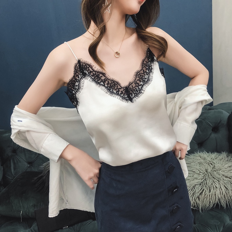 Áo Chiffon Sát Nách Dáng Rộng Cổ Chữ V Phối Ren Lông Mi Mùa Hè Phong Cách Mới Cho Nữ