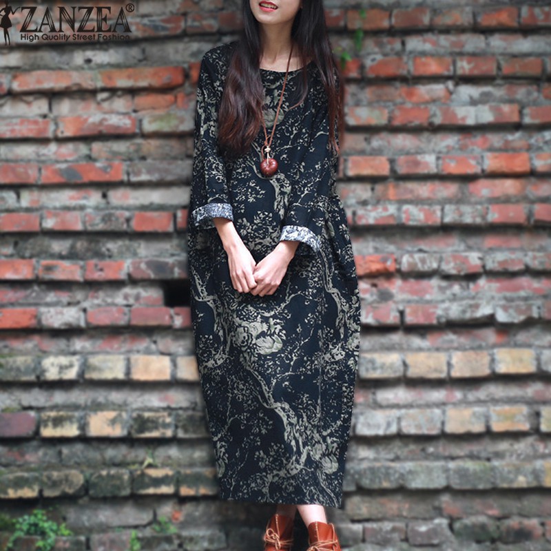 Đầm Maxi Nữ Dài Tay Cổ Tròn Form Dài Rộng Thời Trang Hàn | BigBuy360 - bigbuy360.vn