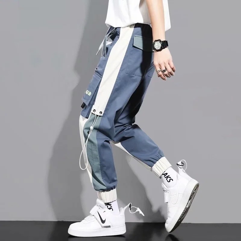 【2 Color】Plus Size Chubby Multi-pocket Cargo Pants for Men Sprots Military Jogger Pants Men's Contrast Color Splicing Elastic Waistband Korean Jogging Pants