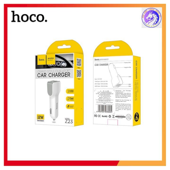 Cốc sạc xe hơi chính hãng Hoco Z23 2 usb 2.4A