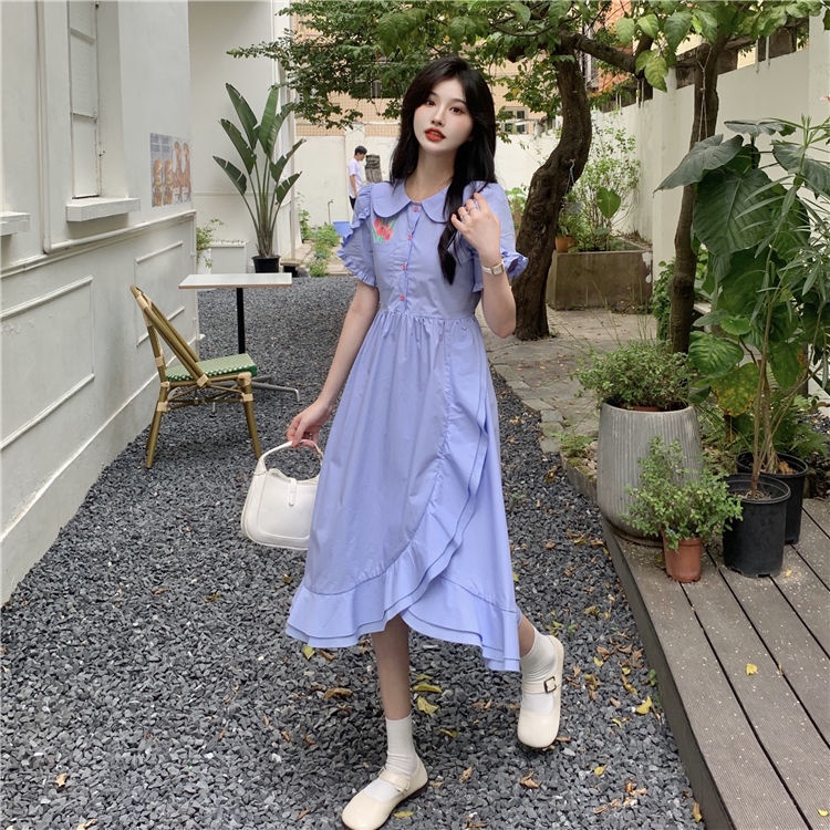 Đầm Cổ Búp Bê In Họa Tiết Thiết Kế Mới Thời Trang Xuân Hè Hàn Quốc