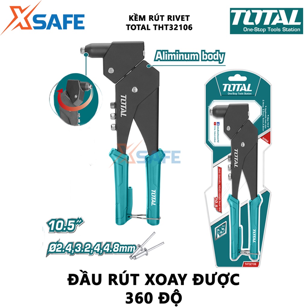 Kìm rút rivet TOTAL THT32106 Kềm rút đinh tán kích thước 10.5 inch, đầu rút xoay được 360 độ, chất liệu thép nhôm