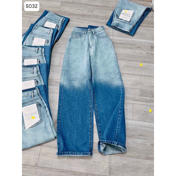 Quần jeans ống rộng lưng siêu cao Mã 5032, quần bò baggy ống rộng lưng cao phối màu, phai màu - J05J
