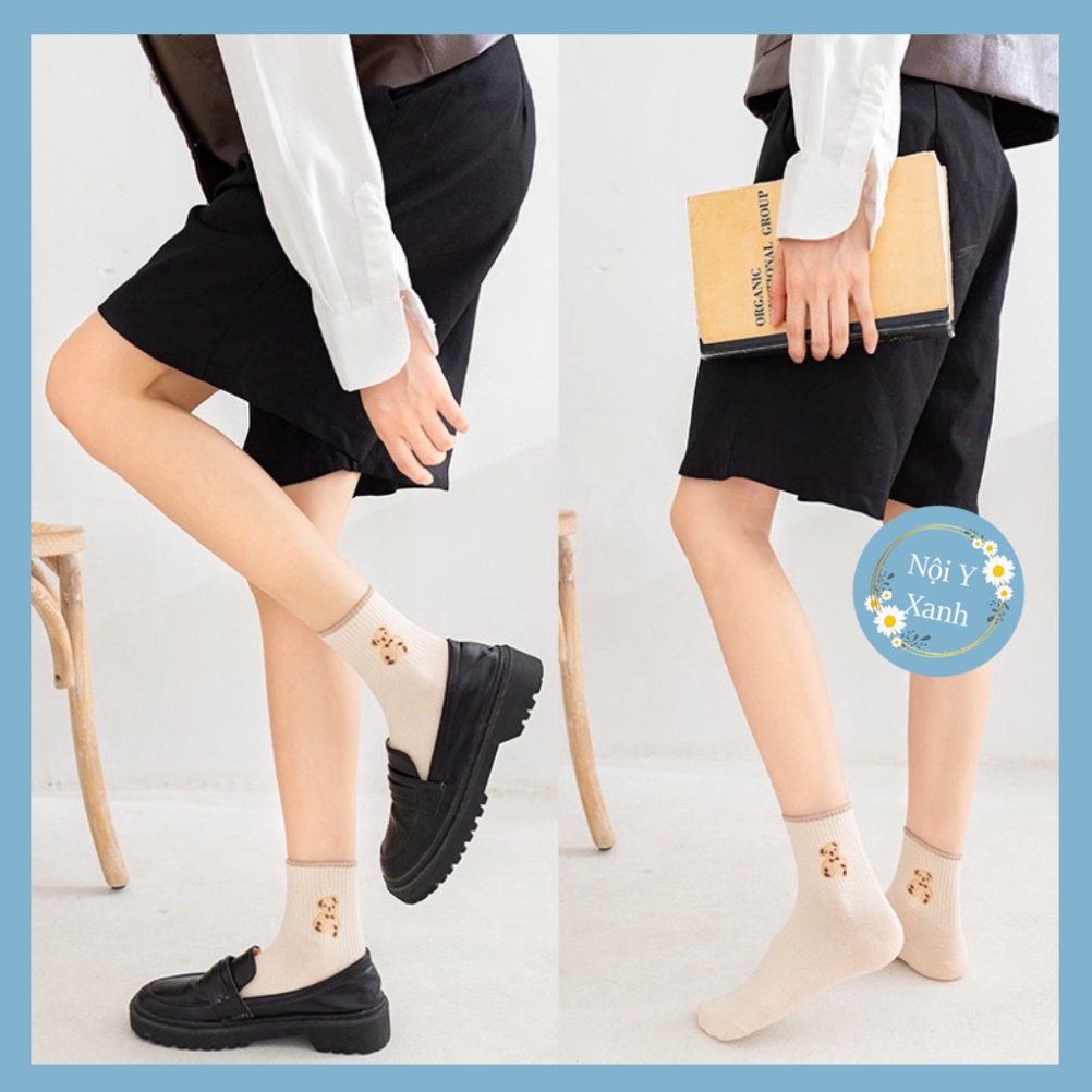 Tất dệt kim cổ cao thêu gấu Phong Cách Vintage Hàn Quốc Mẫu tcc2 Nội Y Xanh chất thoáng mát cao cấp