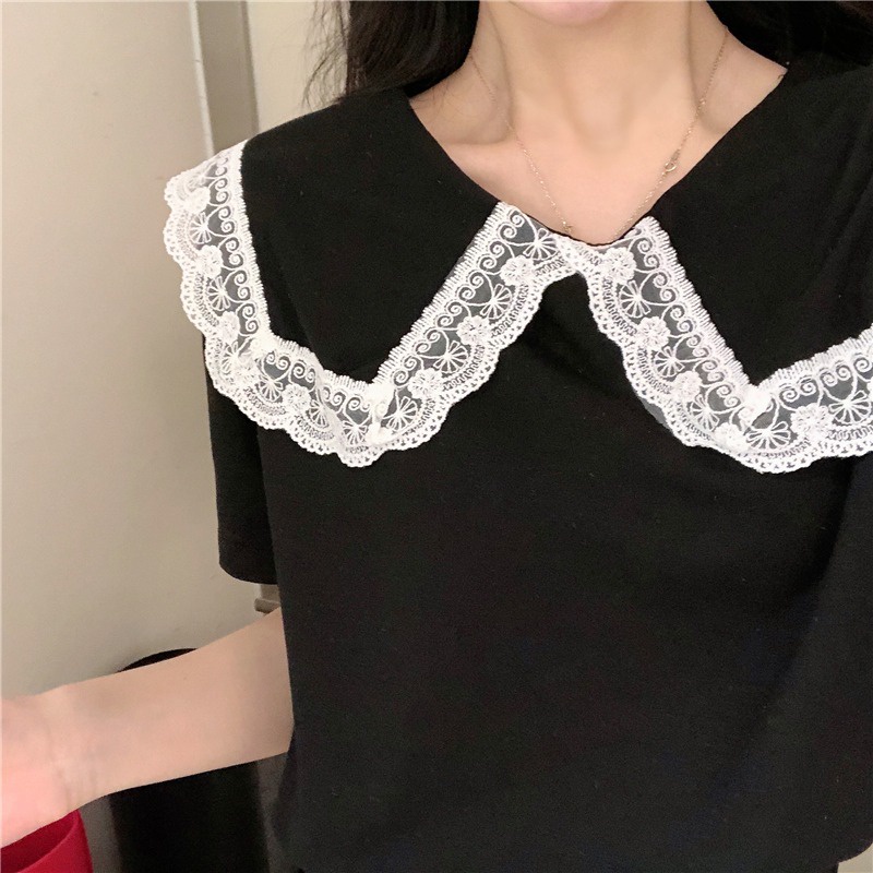 Áo Thun Ngắn Tay Cổ Búp Bê Phối Ren Thiết Kế Mới Thời Trang Mùa Hè Cho Nữ