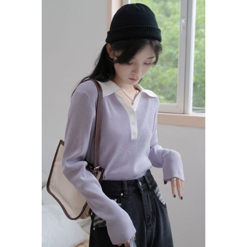 Áo kiểu tay dài cổ polo ôm dáng thời trang xuân thu phong cách Hàn Quốc
