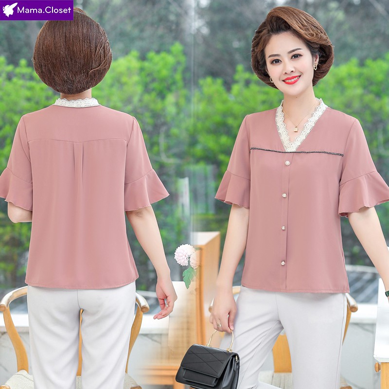 #X825 ÁO VOAN HỌA LỤA TRƠN CỔ PHỐI REN, ỐNG TAY CÁCH ĐIỆU. ÁO VOAN SANG TRỌNG CHO NGƯỜI TRUNG NIÊN MỚI NHẤT 2021