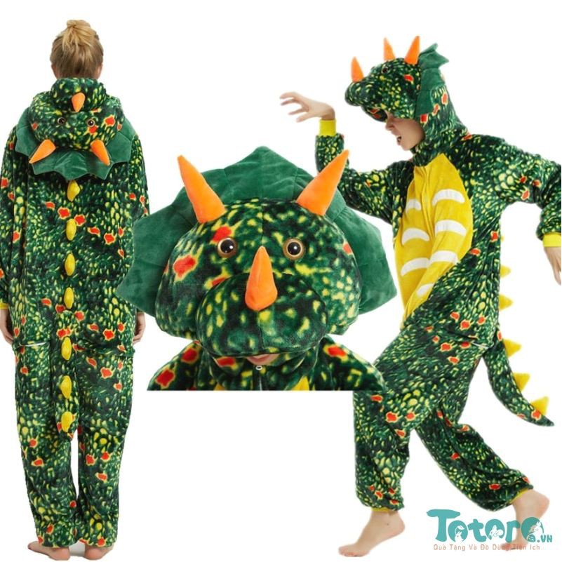 Bộ đồ liền thân Khủng Long Triceratops Xanh lá Đậm - Xanh lá Nhạt - Đỏ