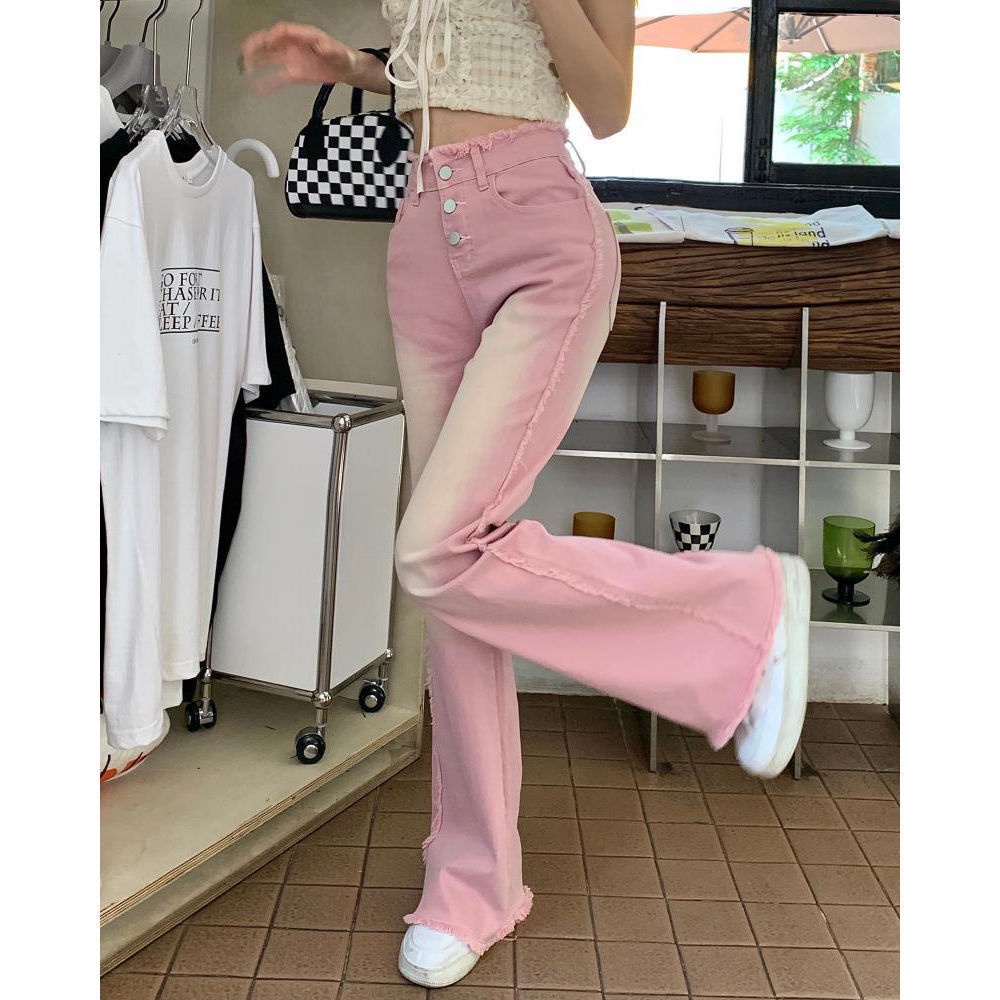 Quần Jeans Lưng Cao Ống Loe Màu Hồng Thời Trang Cho Nữ