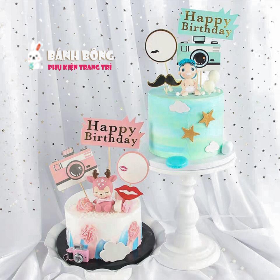 Set Cắm HPBD Máy Ảnh trang trí Bánh Sinh Nhật cho Bé Phụ Kiện Bánh Kem