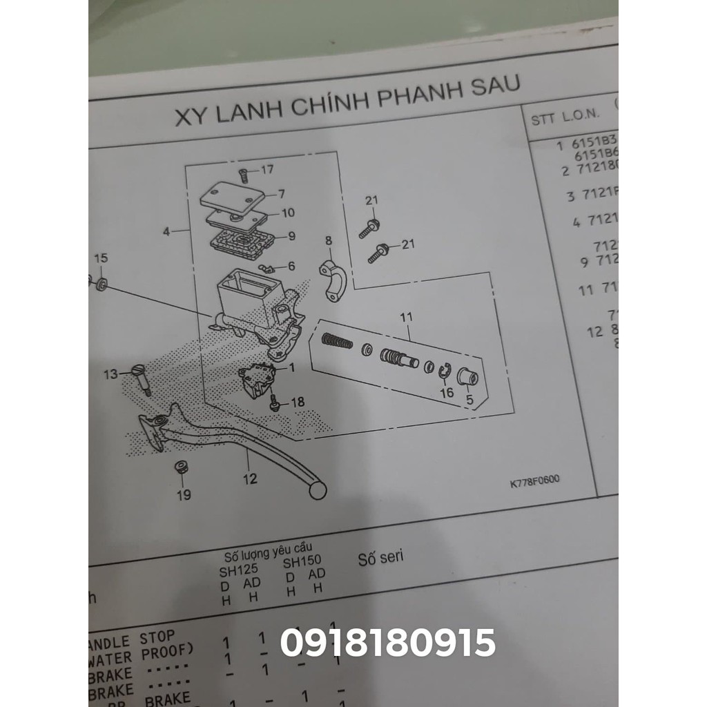 xy lanh phanh chính phanh sau sh 2017-2018-2019 6 chi tiết honda