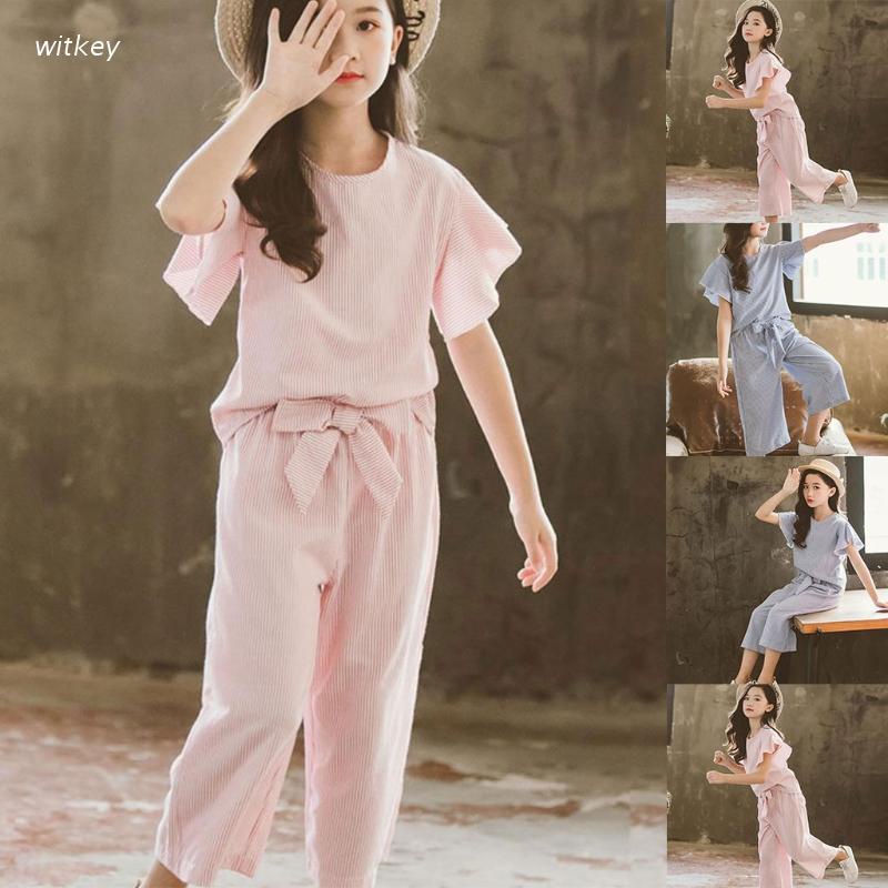 Set đồ 2 món áo thun tay ngắn cổ tròn dáng rộng kẻ sọc + quần ống rộng thời trang cho bé gái