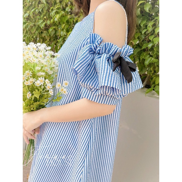 Đầm Rớt Vai Tay Nơ, đầm kẻ sọc, đầm suông xinh xắn, diện hè, đầm sọc phom suông.