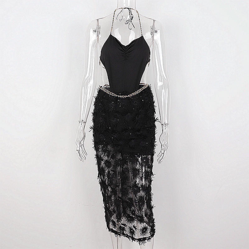 DUNEA Set Áo Liền Quần Hở Lưng Và Chân Váy Phối Tua Rua Thời Trang Cho Nữ