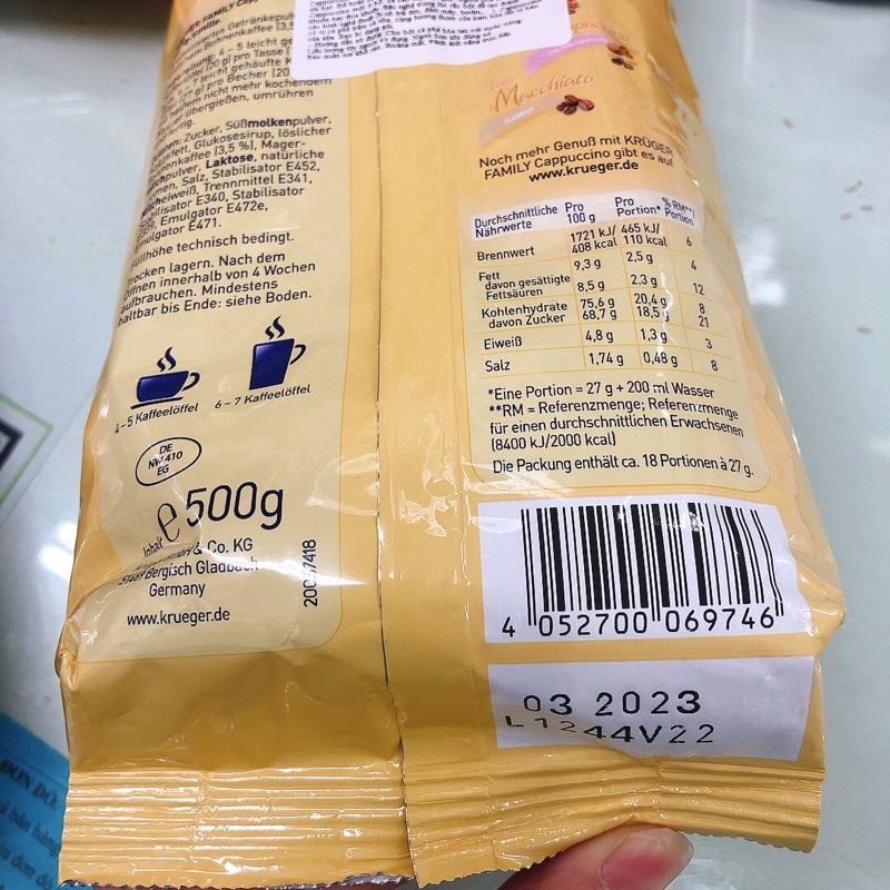 Bột cà phê Capuccino krger family 500g - Đức / Capuchino