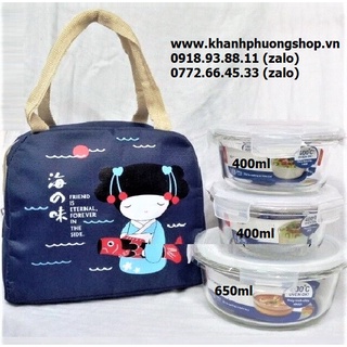 bộ 3 hộp thủy tinh lock&lock và túi giữ nhiệt