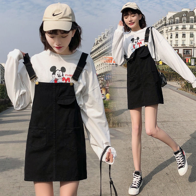 Đầm Yếm Denim Đen Dáng Rộng Phong Cách Hàn Quốc Thời Trang Xuân Hè Cho Nữ