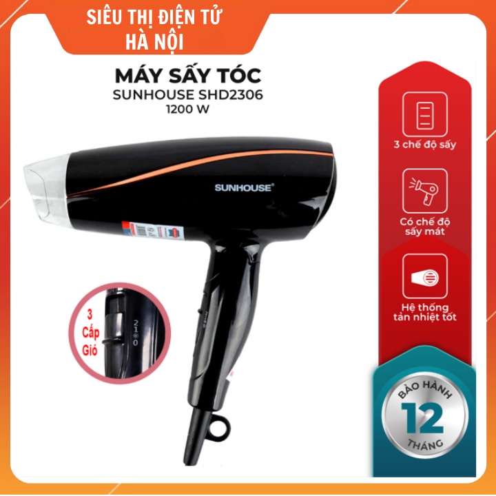 Máy sấy tóc SUNHOUSE SHD2306 - 3 Chế Độ - Công Suất 1200 W , Gấp Gọn , Chính Hãng